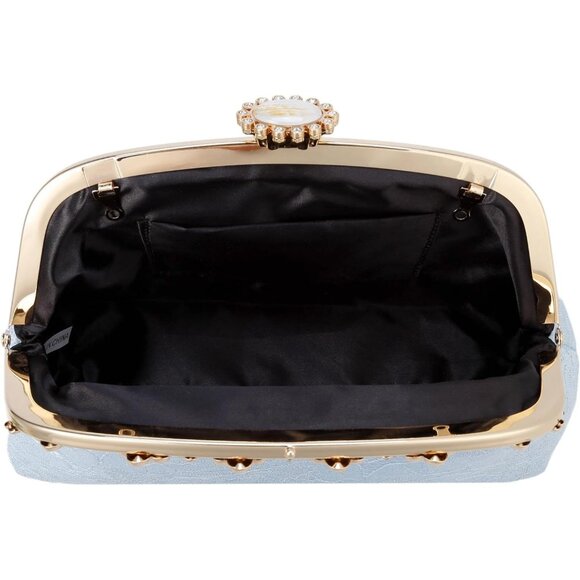 ⚡ Women's Light Blue Fabric Lace Pearl Chain Rhinestones Shoulder Clutch Bag - Picture 9 of 9